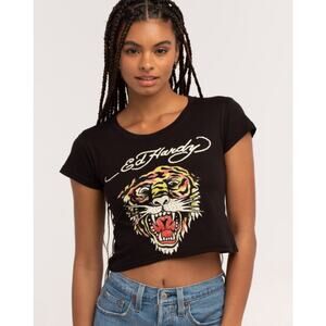 NEW ED HARDY Rhinestone Tiger Head Baby Tee Black Womens Size 3X